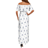 delft blue monarch butterfly print Women's Off Shoulder Ruffle Boat Neck Dress (Model D71)