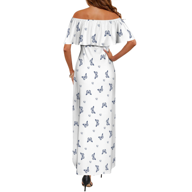 delft blue monarch butterfly print Women's Off Shoulder Ruffle Boat Neck Dress (Model D71)