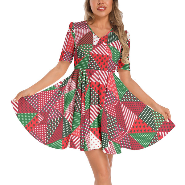 Short Sleeve Ruched Bust Flared Hem Dress