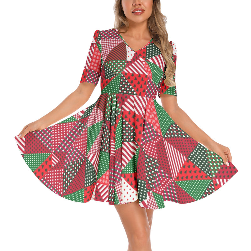 Short Sleeve Ruched Bust Flared Hem Dress