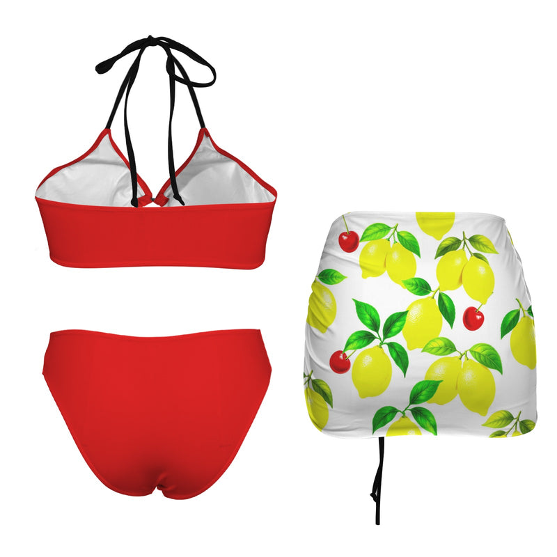 lem cher print swimsuit Drawstring Halterneck Three-Piece Swimsuit Skirt