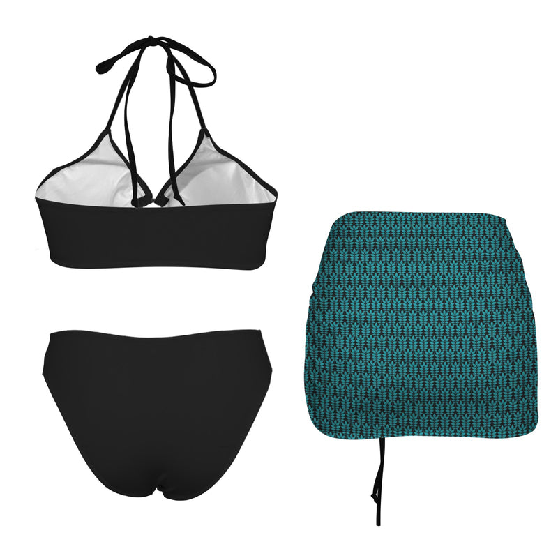 teal compound leaves print 2A Drawstring Halterneck Three-Piece Swimsuit Skirt