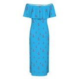 apiary blue print 5 Women's Off Shoulder Ruffle Boat Neck Dress (Model D71)