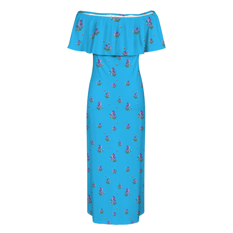 apiary blue print 5 Women's Off Shoulder Ruffle Boat Neck Dress (Model D71)