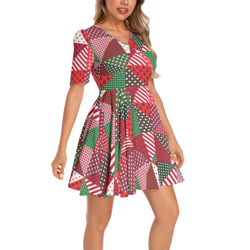 Short Sleeve Ruched Bust Flared Hem Dress