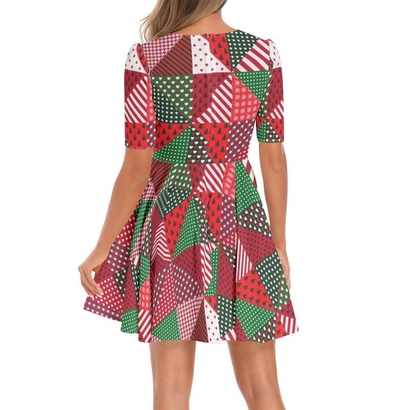 Short Sleeve Ruched Bust Flared Hem Dress