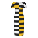 black solid print skirt Women's Off Shoulder Ruffle Boat Neck Dress (Model D71)