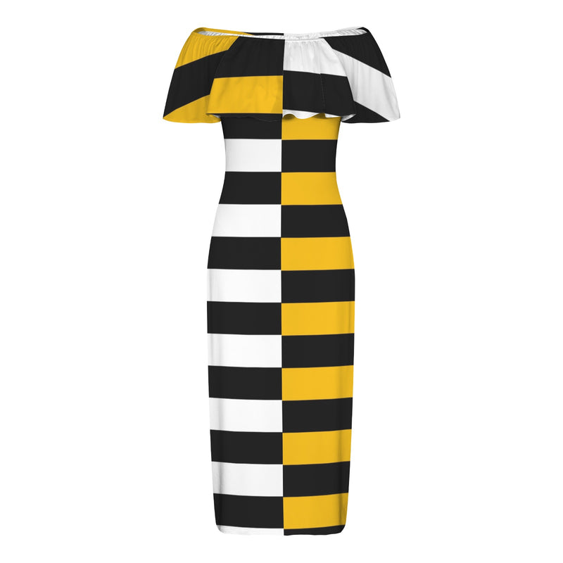 black solid print skirt Women's Off Shoulder Ruffle Boat Neck Dress (Model D71)