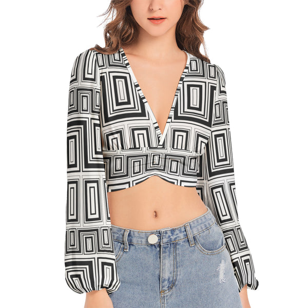 Women's Deep V-Neck Lantern Sleeve Crop Top