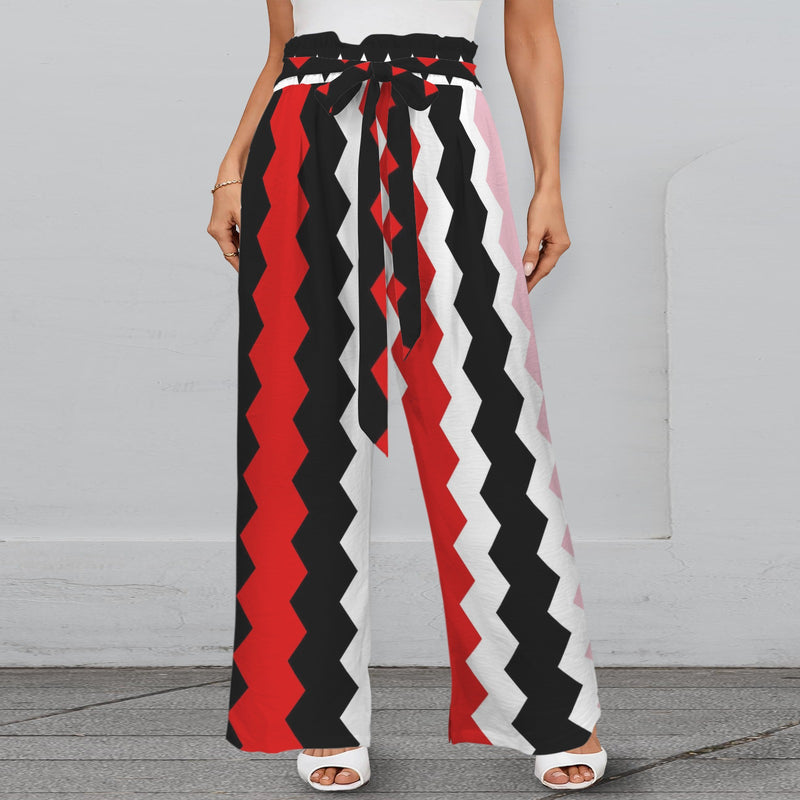 sawtooth print 5C Strappy Elastic Waist Wide Leg Pants with Pockets