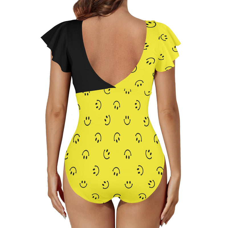 black solid print skirt Women's Twist Front Ruffle Sleeve Swimsuit (Model S55)