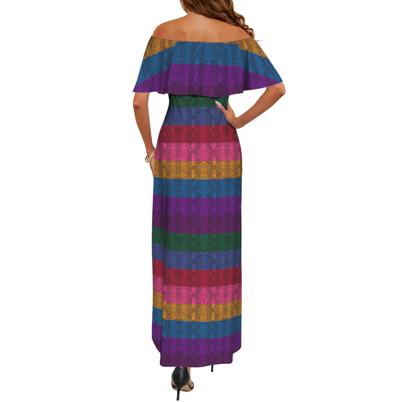 multicolored snakeskin Women's Off Shoulder Ruffle Boat Neck Dress (Model D71)