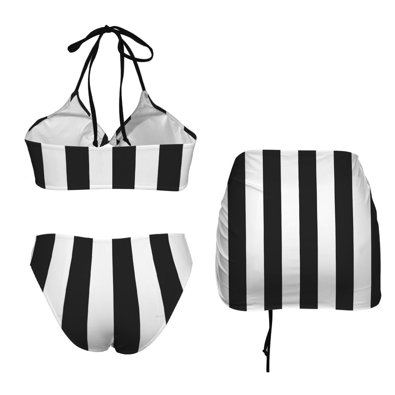 bw vert stripe2 Drawstring Halterneck Three-Piece Swimsuit Skirt