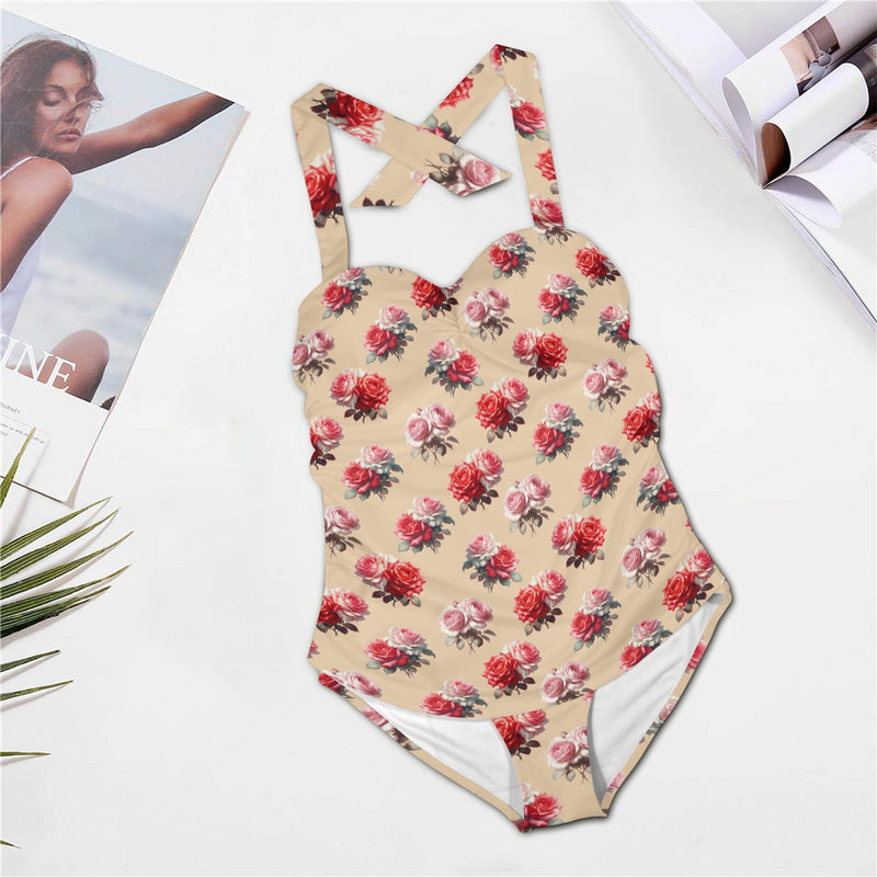 2 roses on light beige Women's Halter Neck Gather Chest Swimsuit (Model S52)