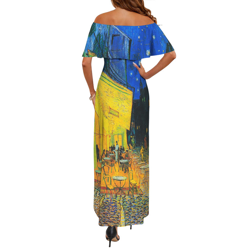 vincent print cafe terrace van gogh copy Women's Off Shoulder Ruffle Boat Neck Dress (Model D71)