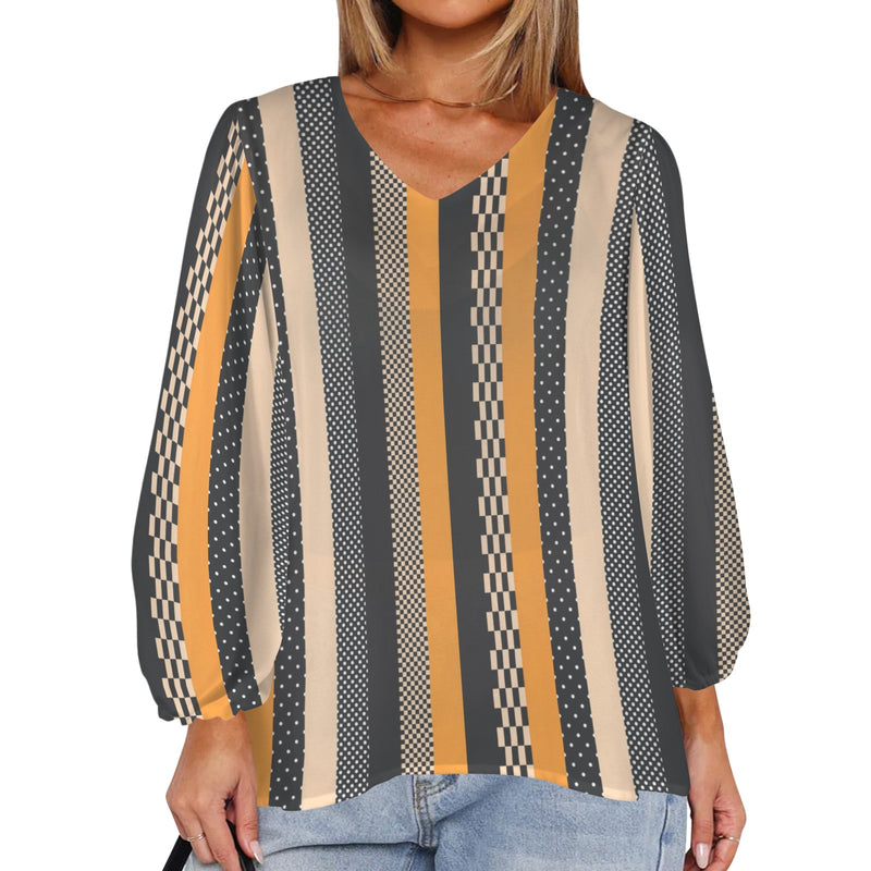 eclectic stripe print Women's Loose V-Neck Long Puff Sleeve Top (Model H70)