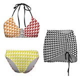 orange triangle print 3C Drawstring Halterneck Three-Piece Swimsuit Skirt