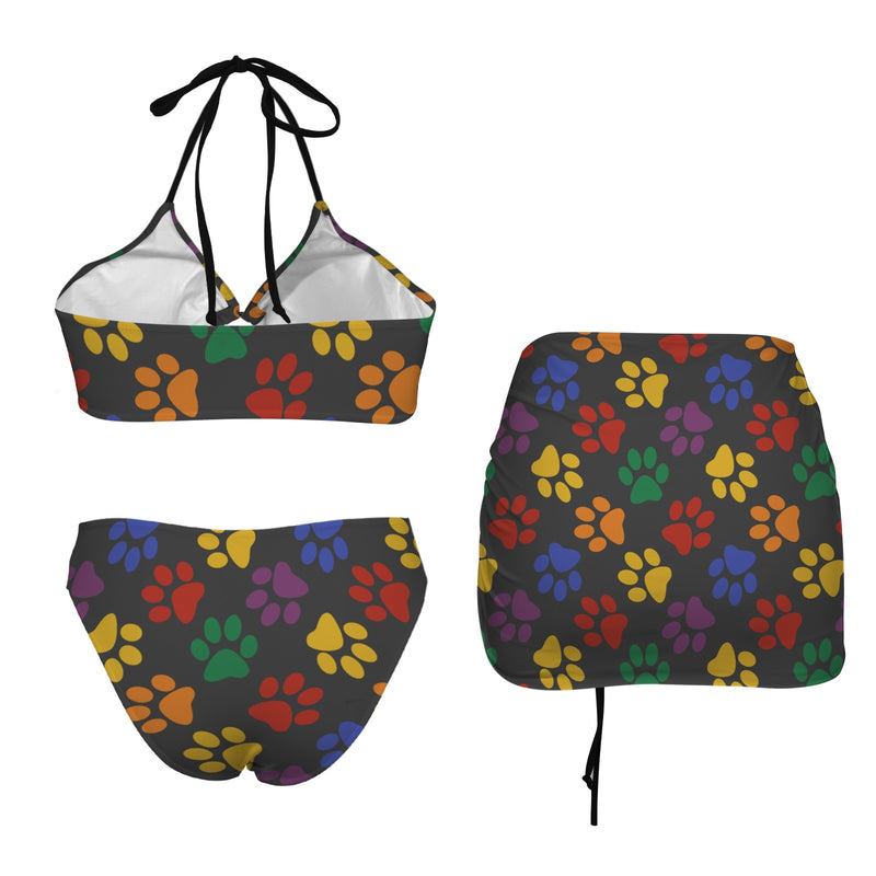 multi colored paw print skirt Drawstring Halterneck Three-Piece Swimsuit Skirt
