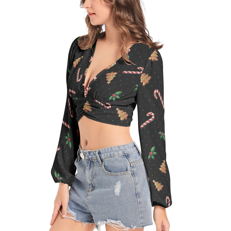 Women's Deep V-Neck Lantern Sleeve Crop Top