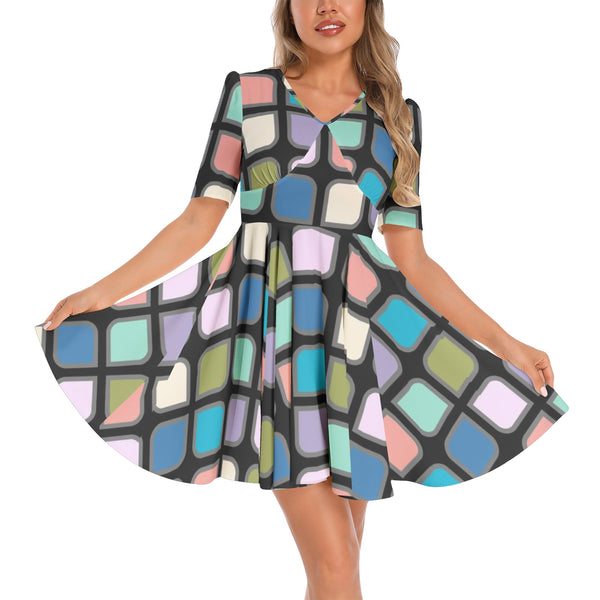 Short Sleeve Ruched Bust Flared Hem Dress