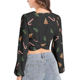 Women's Deep V-Neck Lantern Sleeve Crop Top