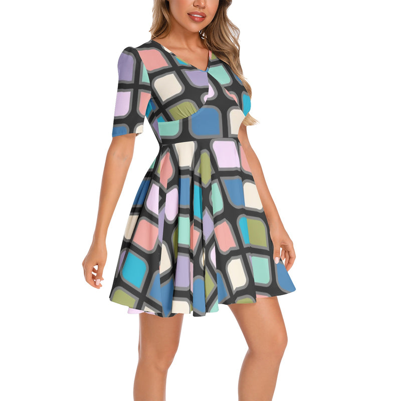 Short Sleeve Ruched Bust Flared Hem Dress