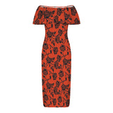 bevel black rose on rust print Women's Off Shoulder Ruffle Boat Neck Dress (Model D71)