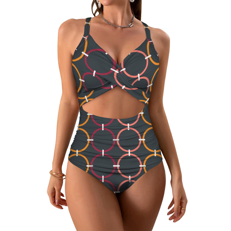 colored rings print 4B Women's Twist Front Tie Back Swimsuit (Model S57)