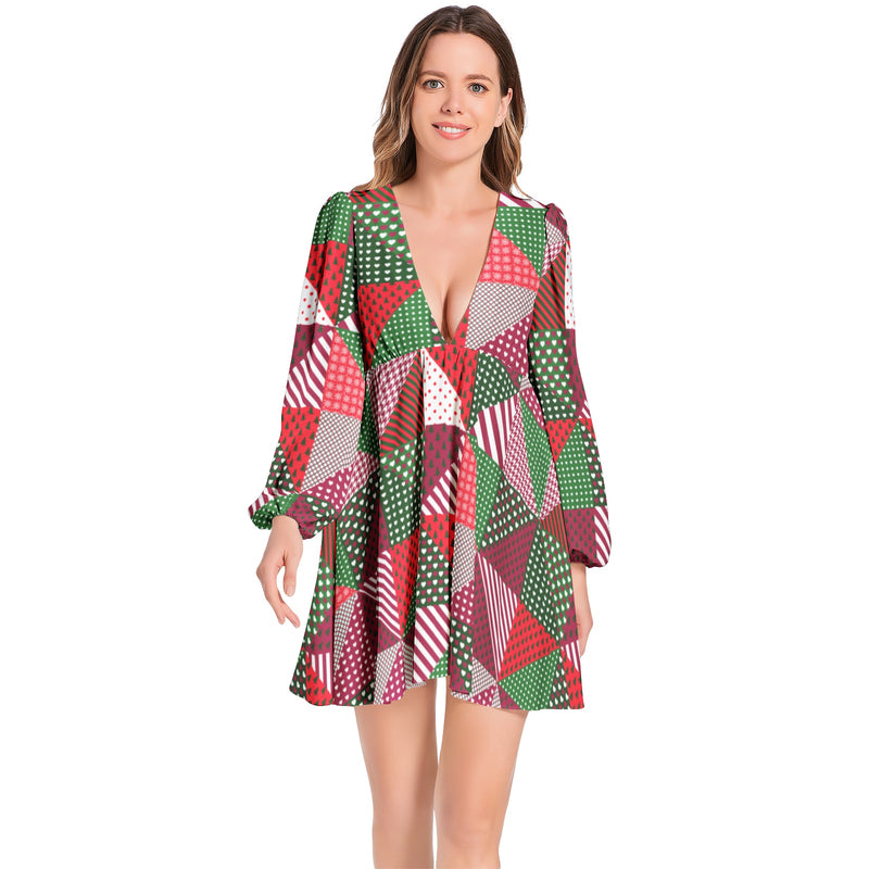 Lantern Sleeve Deep V-Neck Short Dress