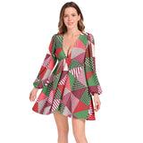 Lantern Sleeve Deep V-Neck Short Dress