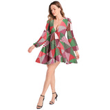 Lantern Sleeve Deep V-Neck Short Dress