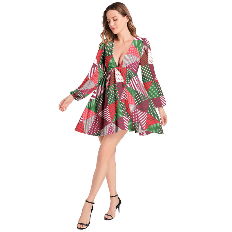 Lantern Sleeve Deep V-Neck Short Dress