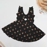 cherry black print 4A Women's Ruffle Sleeve Skirted Swimsuit (Model S59)
