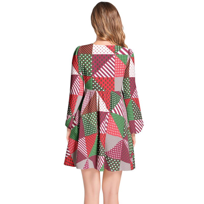 Lantern Sleeve Deep V-Neck Short Dress