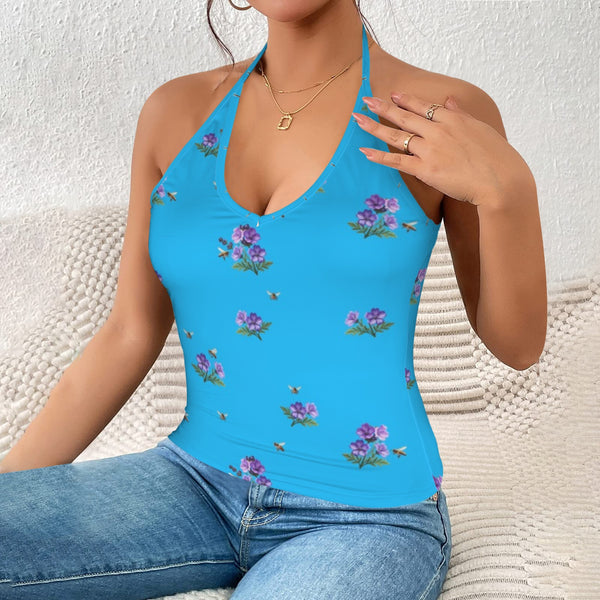 apiary blue print 5 Women's V-Neck Halter Top (Model T83)
