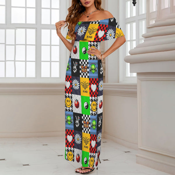 artsy print 2A Women's Off Shoulder Ruffle Boat Neck Dress (Model D71)