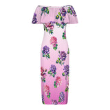 ombre white to pink rose print 2 Women's Off Shoulder Ruffle Boat Neck Dress (Model D71)