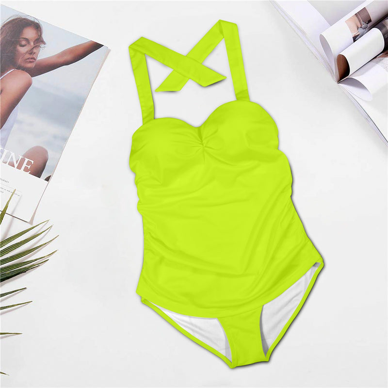 NEON GREEN hat Women's Halter Neck Gather Chest Swimsuit (Model S52)
