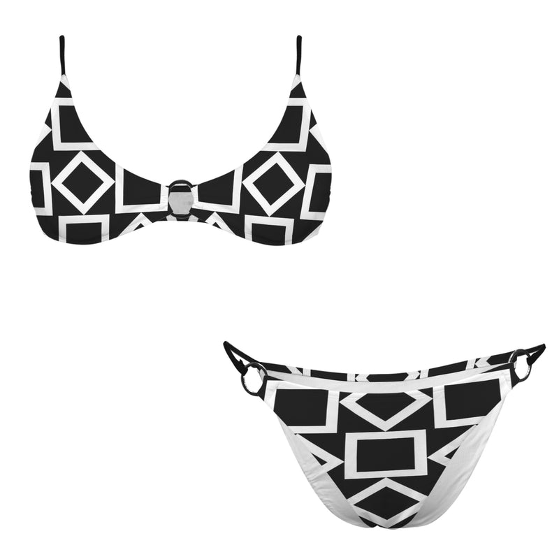 square diamond bw print Women's Ring Buckle Low Waist Bikini Set