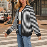 striped bw Women's Ribbed Cardigan (Model H73)