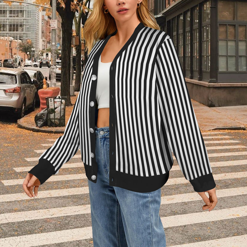 striped bw Women's Ribbed Cardigan (Model H73)