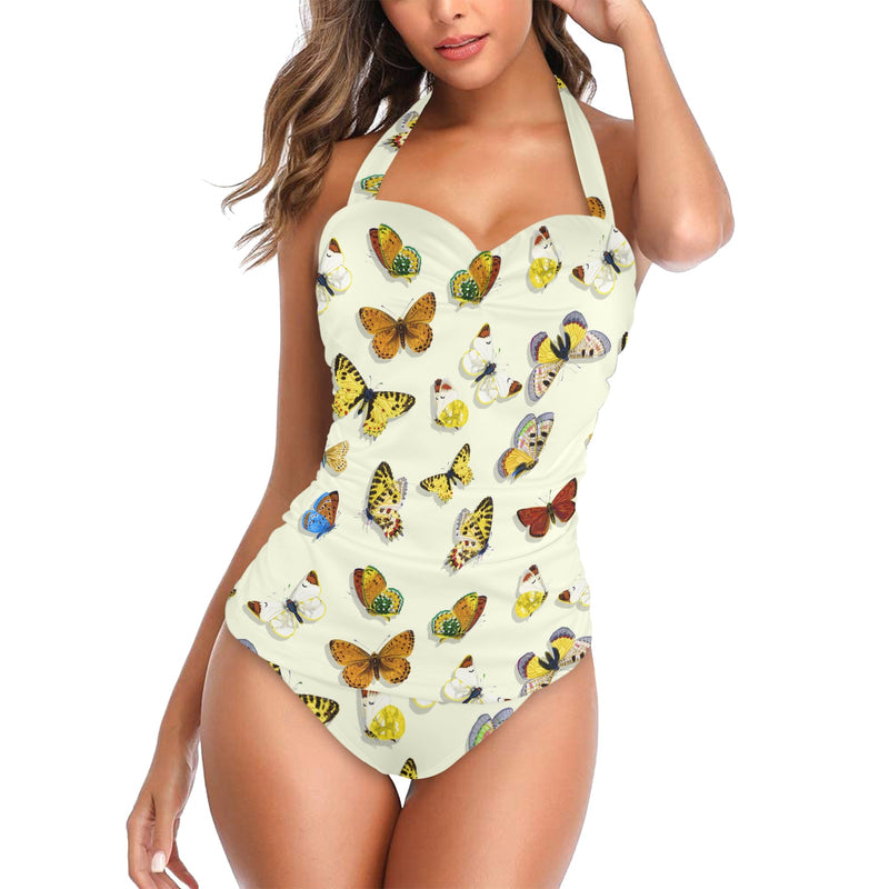large butterfly print shadowed Women's Halter Neck Gather Chest Swimsuit (Model S52)