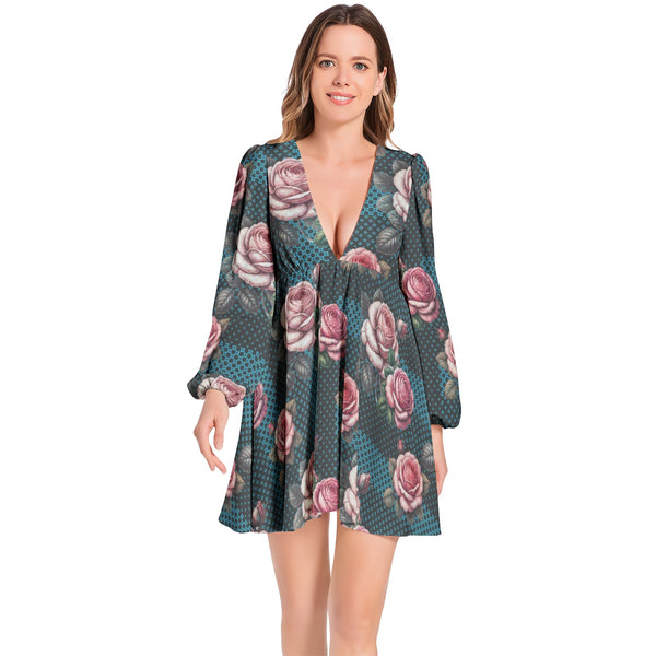 Lantern Sleeve Deep V-Neck Short Dress