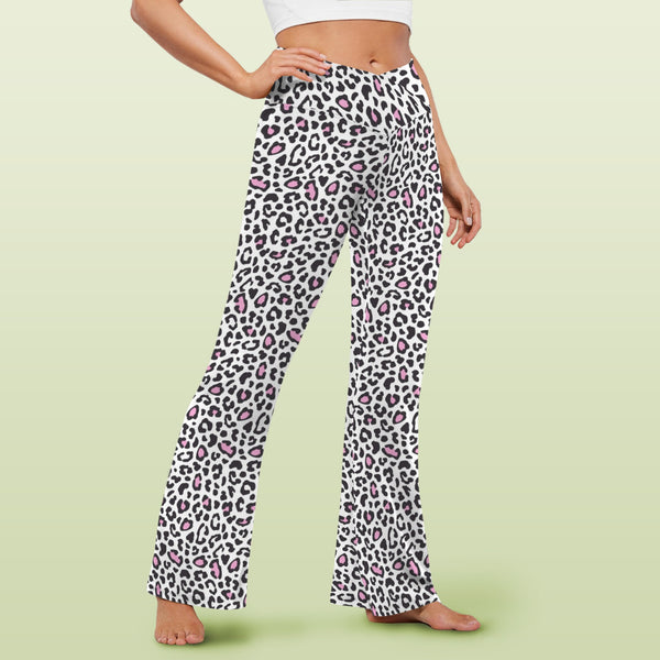 snow leopard pink accented print 2A High Waist Crossover Tummy Control Flare Leggings