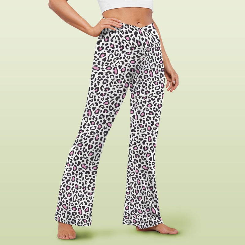 snow leopard pink accented print 2A High Waist Crossover Tummy Control Flare Leggings