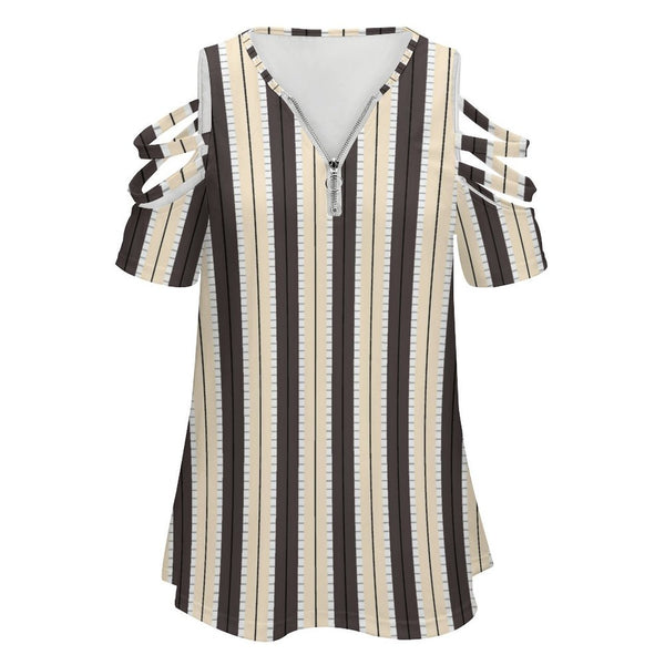 Women&#039;s Off Shoulder Zip V-Neck Tunic BE zip off shoulder top