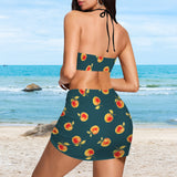apple gold green print 4C Drawstring Halterneck Three-Piece Swimsuit Skirt