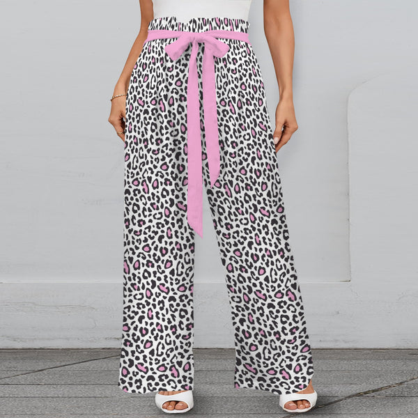 pink solid leopard accent Strappy Elastic Waist Wide Leg Pants with Pockets