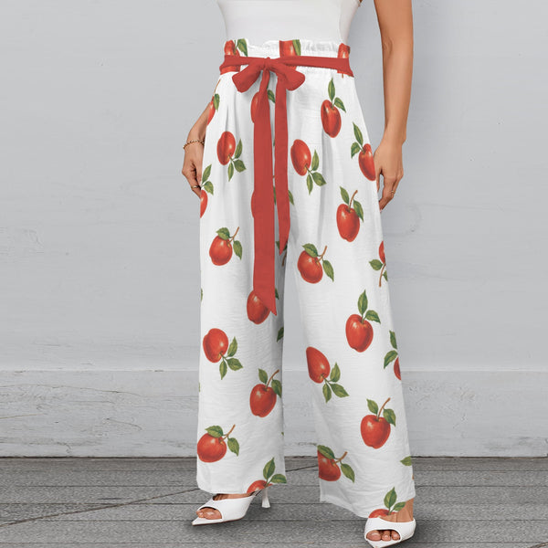 apple solid print Strappy Elastic Waist Wide Leg Pants with Pockets