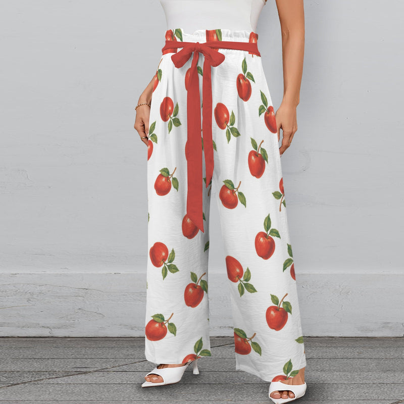 apple solid print Strappy Elastic Waist Wide Leg Pants with Pockets